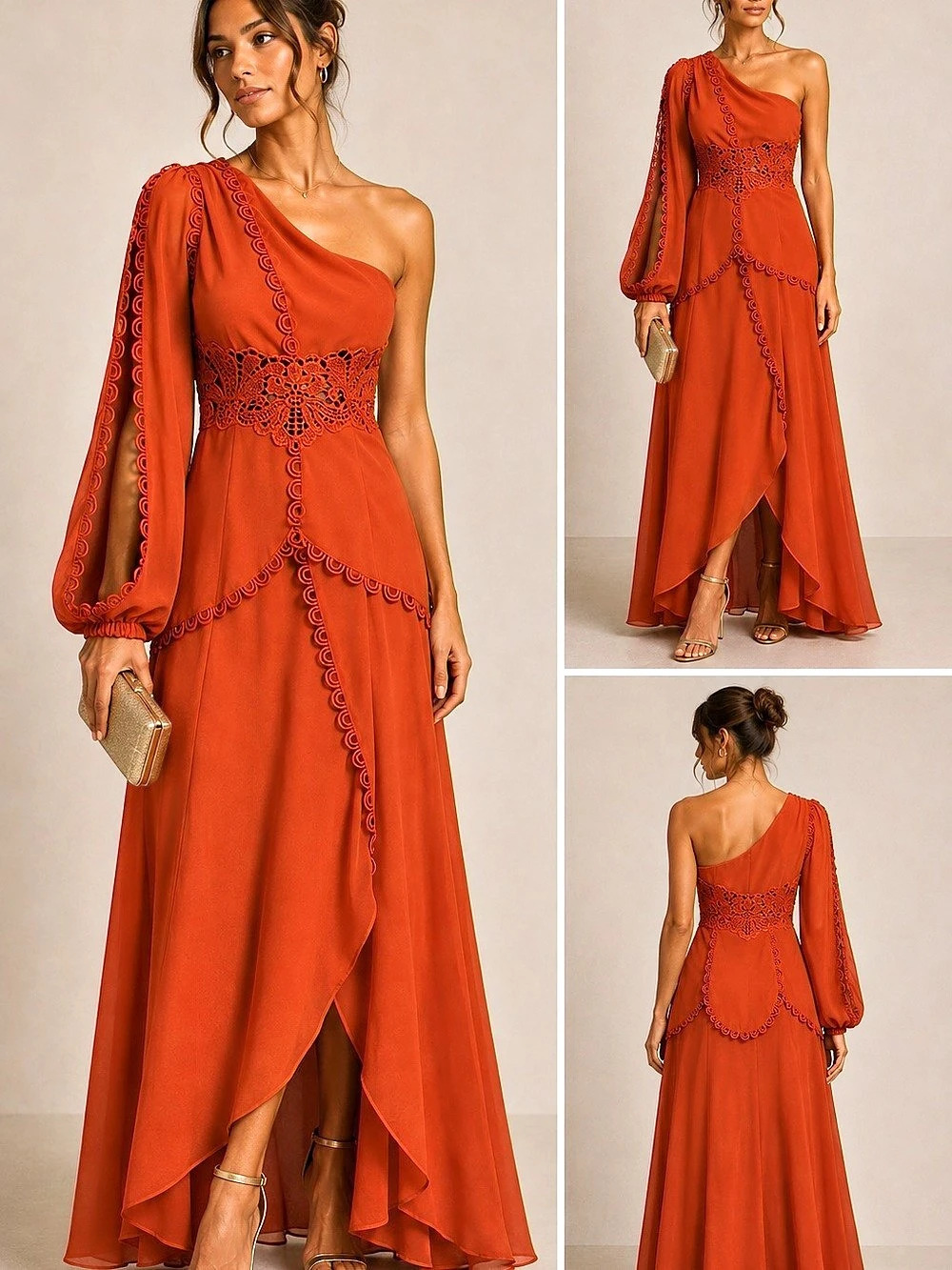 ASOS Lace Trim One-Shoulder Maxi Dress Orange US 4